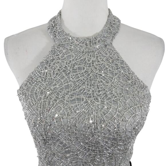 B. DARLIN! LUXE BLACK SATIN & SILVER SEQUINNED HALTER TIE BODICE DRESS! SZ 5/6 - Picture 5 of 11